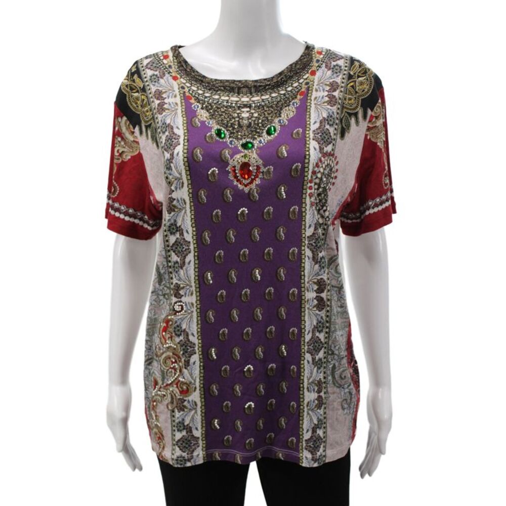 Etro Womens Purple Paisley Cotton Poly Tunic Short Sleeve Round Neck Size 44